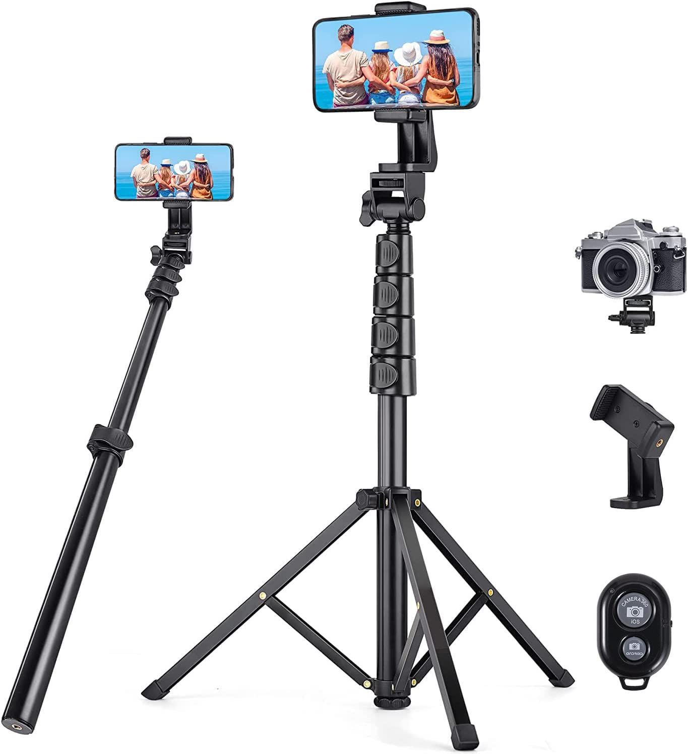 【在庫処分】スマホ 三脚 最大高172cm2 in 1 自撮り棒三脚 450g軽量 アルミニウム合金4段階伸縮 360角度調節 電話ホルダー付きスタンド すべてのスマホ機種対応 iPhoneシリーズ/Androidシリーズ