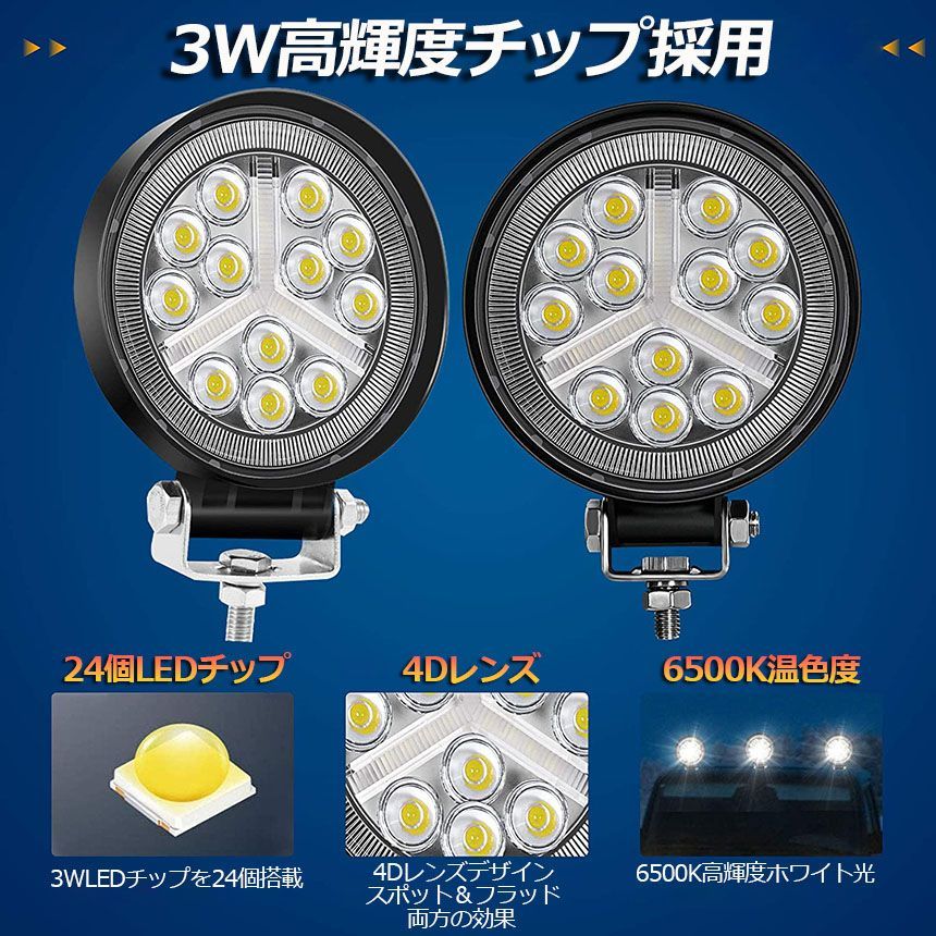 72W LED作業灯 ワークライト デッキライト4個セット LED投光器 72w 12v 24v 兼用 防水 防塵 防震 取付け自由 省エネルギー  前照灯 コンボビーム 集光 投光両立 各種作業車に対応