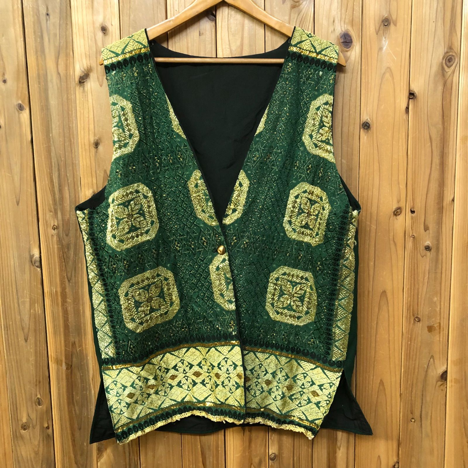 ヴィンテージ ベスト ジレ 豪華刺繍 Ｖネック グリーン 古着