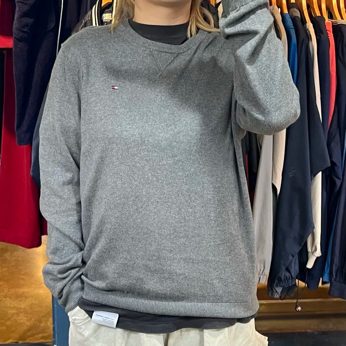 ★　【】トミー ニット 　M　グレー トミー ヒルフィガー TOMMY HILFIGER クラシックケーブルクルー