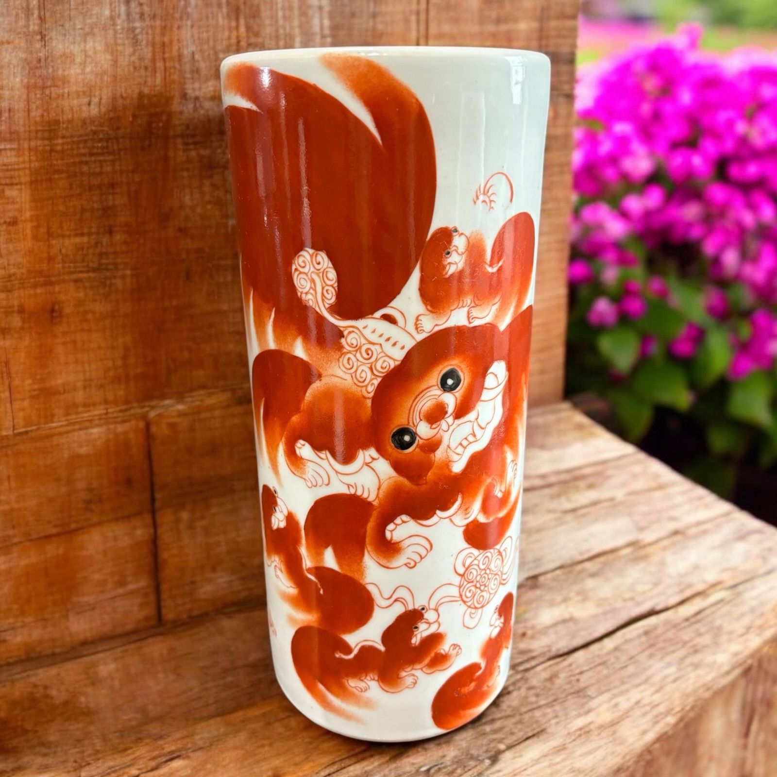 壺 [ライオン] 中国雑貨 赤絵 フー 犬 獣 フラワーベース 花瓶 花入れ 