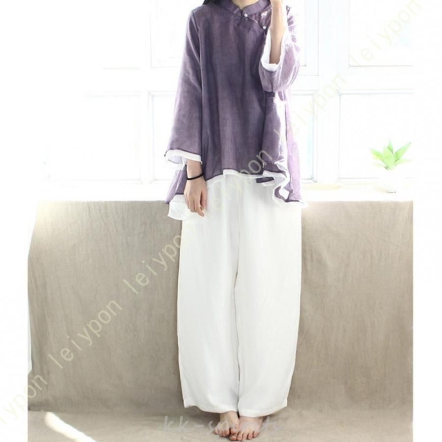 太極拳 服 チャイナ風 トップス レディース シンプル チャイナ服 チャイナシャツ 綿麻 チーパオ 半袖 長袖 茶師服 無地 通気性 漢服 綿麻 ゆったり 柔らかい 太極拳 服 チャイナ風 トップス レディース シンプル チャイナ服