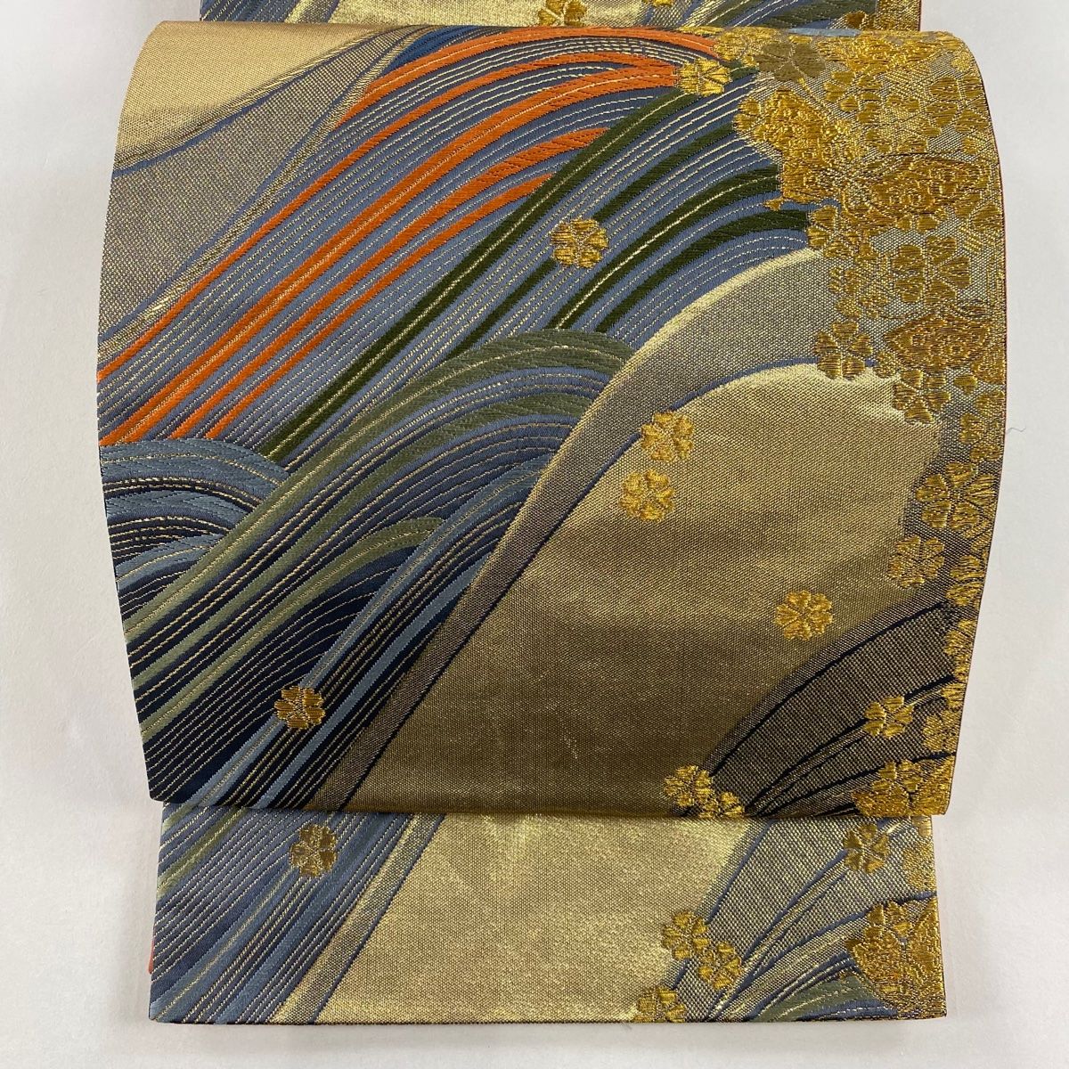 袋帯 秀品 夏帯 紗 桔梗 ススキ 金糸 箔 紫 六通 正絹 【中古】（袋帯  