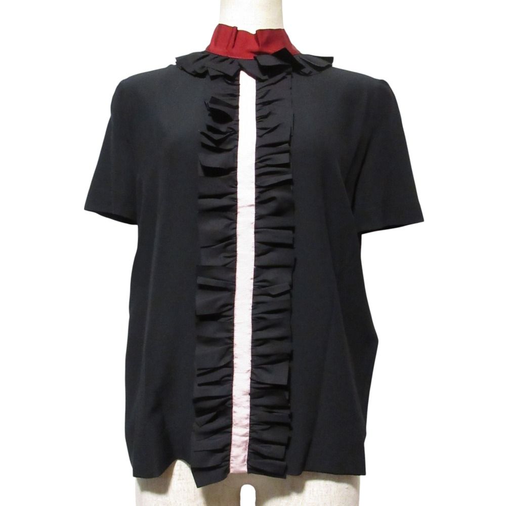 美品 FENDI フェンディ バックリボン フリル 半袖 シルクブラウス シャツ サイズ38 ブラック レディース 古着  USED