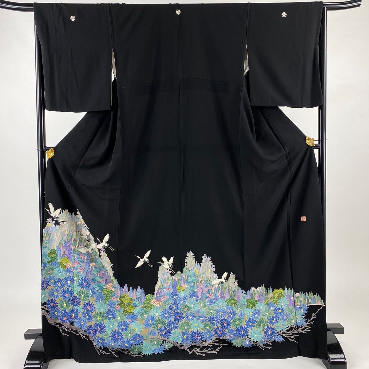黒留袖 身丈173.5cm 裄丈66.5cm M 袷 落款 鶴 松 黒 正絹 名品