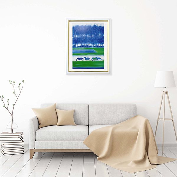  複製画 ブラジリエ フランス ヴェクサン 森の前の馬 白額付き 美術印刷 版上サイン フランス製ポスター 風景画 青緑 グリーン ヒーリング 23 5262 油彩画 絵画