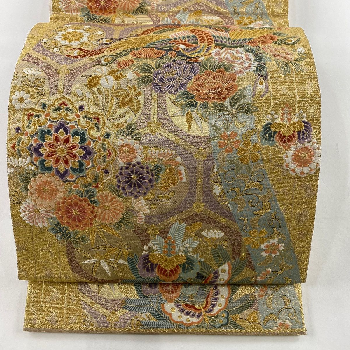 袋帯 秀品 関西仕立て 亀甲鳳凰華文 本金箔 金色 六通 正絹 【中古