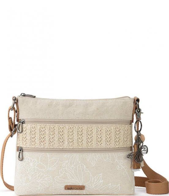 【送料無料】 サックルーツ レディース ショルダーバッグ バッグ Artist Circle Floral Double Zip Coated Canvas Crossbody Bag White Flower Blossom