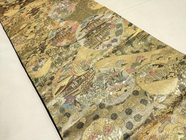 平和屋着物▽両方向全通柄袋帯 草花文 黒地 金銀糸 正絹 逸品