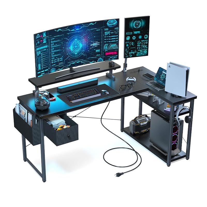 DOMICON パソコンデスク l字 ゲーミングデスク 黒 幅140cm 4段階モニター台付き コンセント付き 収納付き ラック付き PCデスク コーナーデスク 学習机 作業机 gaming desk ?子 在宅勤務 組立簡単 左右