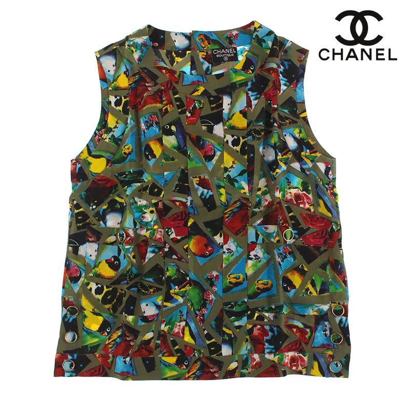 CHANEL シャネル カットソー 総柄 シルク ブラウス ノースリーブ 