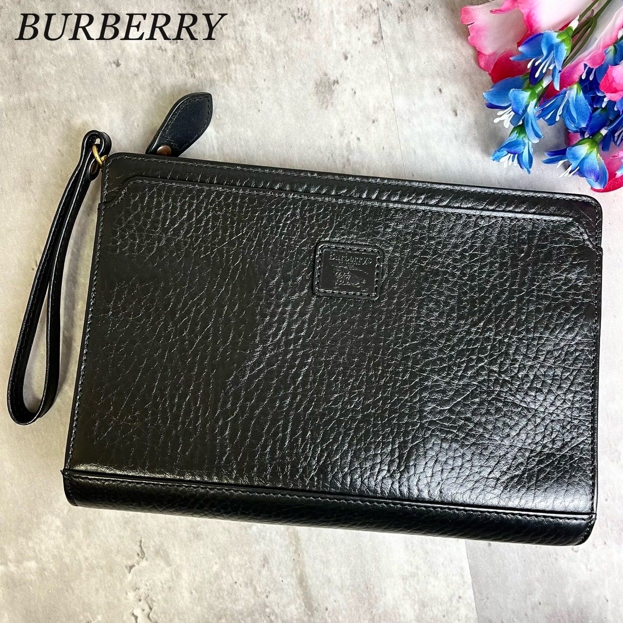 ✨美品✨ BURBERRY バーバリー クラッチバッグ ハンドバッグ ゴールド金具 ロゴプレート ロゴ型押し チェック柄 シボ革 レザー ユニセックス  レディース メンズ ブラック 黒色 - メルカリ