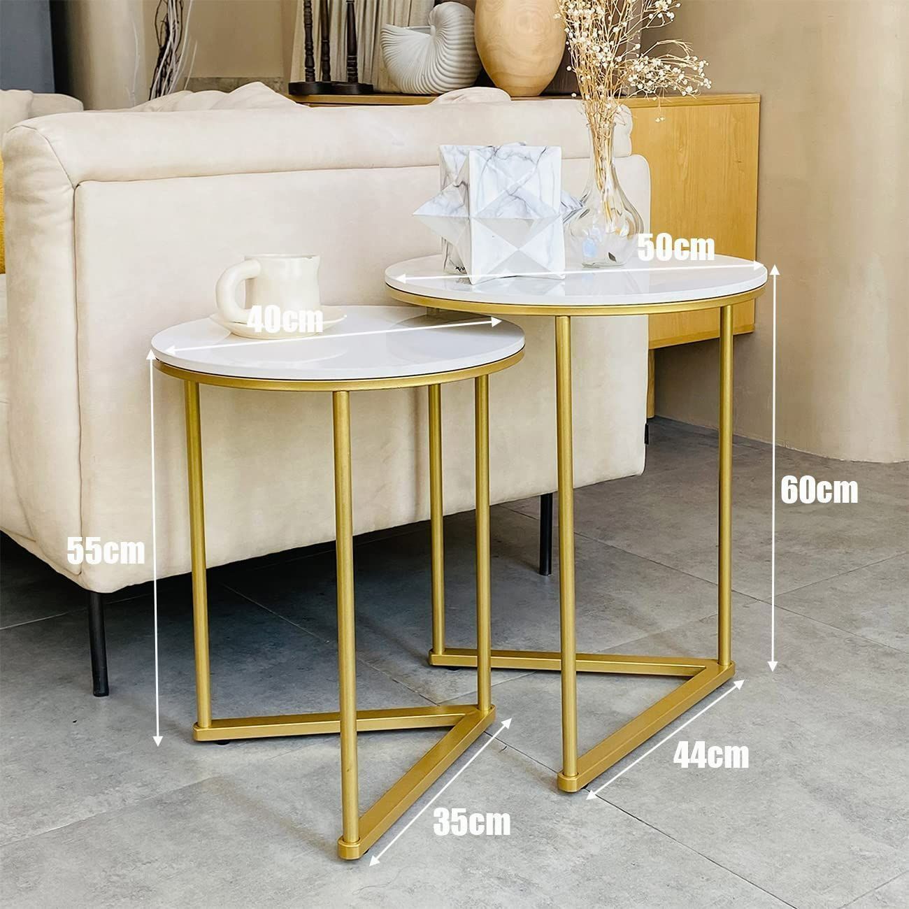 丸サイドテーブル 2個セット 焼結石天板×ゴールド色アイアン脚 センターテーブル ホワイト 円形 丸テーブル おしゃれ インテリア 