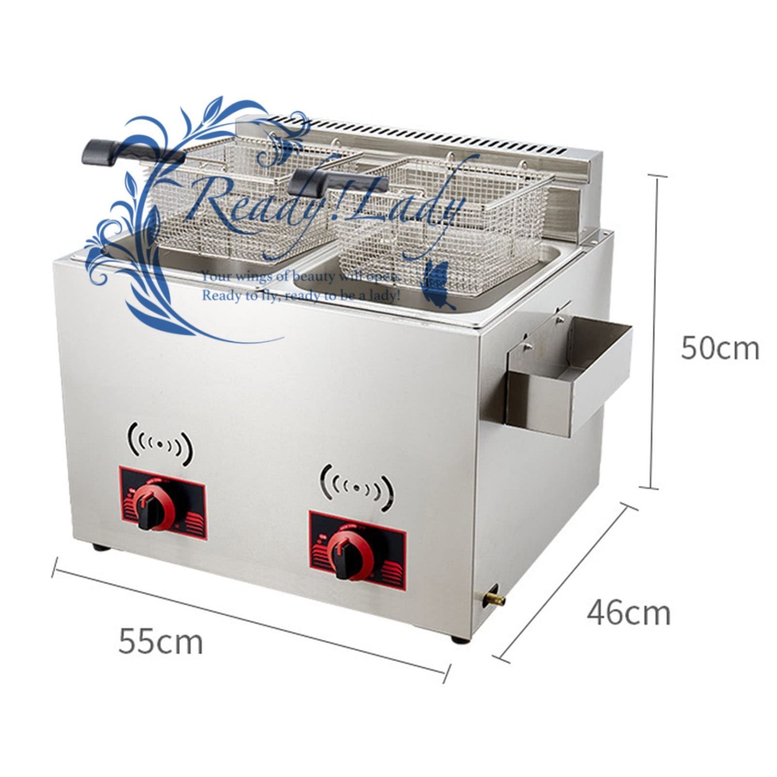 8Lx2 プロフェッショナルステンレス鋼商業ガス卓上フライヤー デュアルタンクプロパンフレンチフライヤー大容量屋外 レストランキッチンフライヤー フライバスケットとL付き
