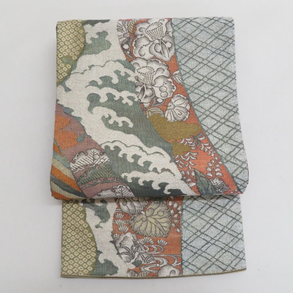 袋帯  大脇一心監修 辻が花文様 モール織 金糸銀糸 オレンジ色ｘ灰色ｘ緑色ｘ白色 正絹 仕立て上がり 長さ440cm 【キモノオフ野々市若松店】 袋帯 大脇一心監修 辻が花文様 モール織 金糸銀糸 オレンジ色x灰色x