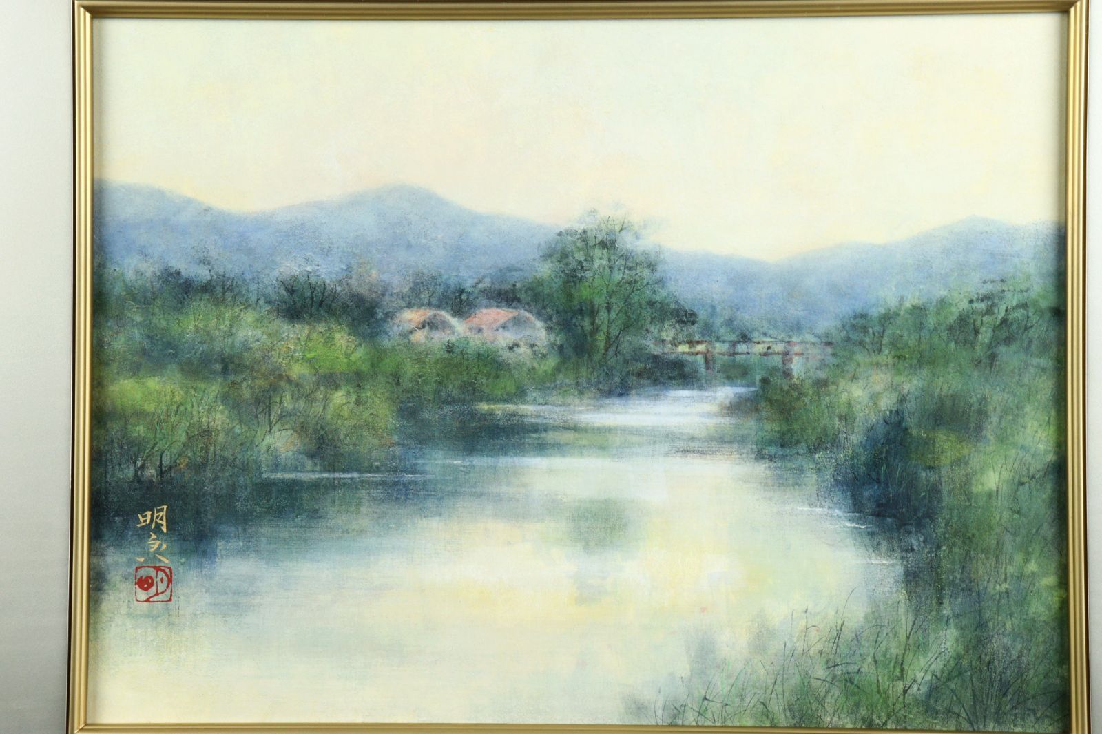 曲子明良「水の畔」日本画 額装 共シール 日展会員 師:西山英雄