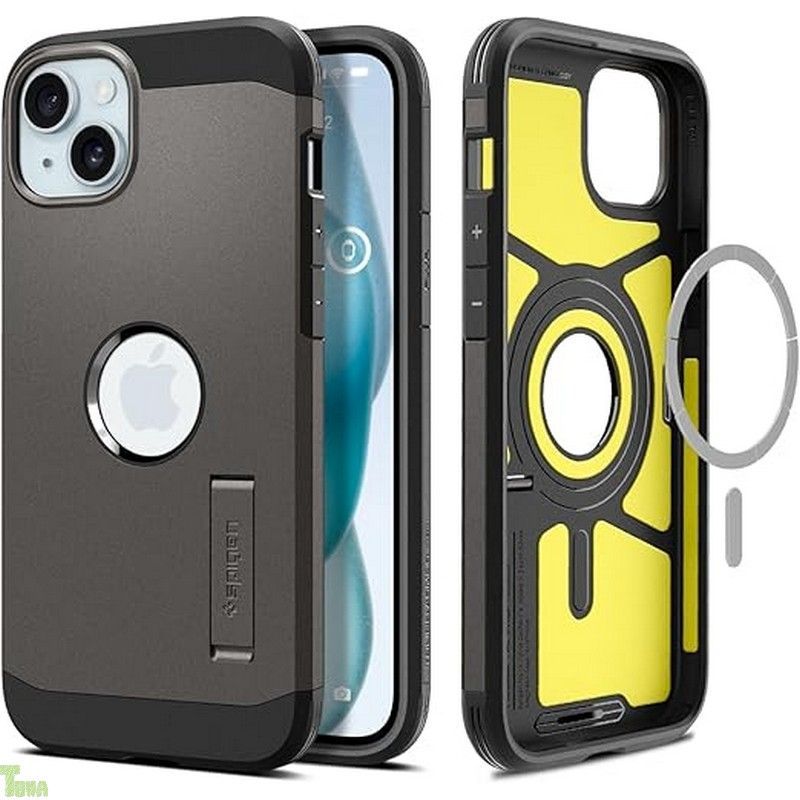 Spigen iPhone 15 ケース MagSafe 耐衝撃 スタンド付き 米軍MIL規格取得 マグネット搭載 3層構造 カメラ保護 傷防止 衝撃吸収 ワイヤレス充電対応 タフ・アーマー・マグフィット ACS06810 (ガンメタル)1