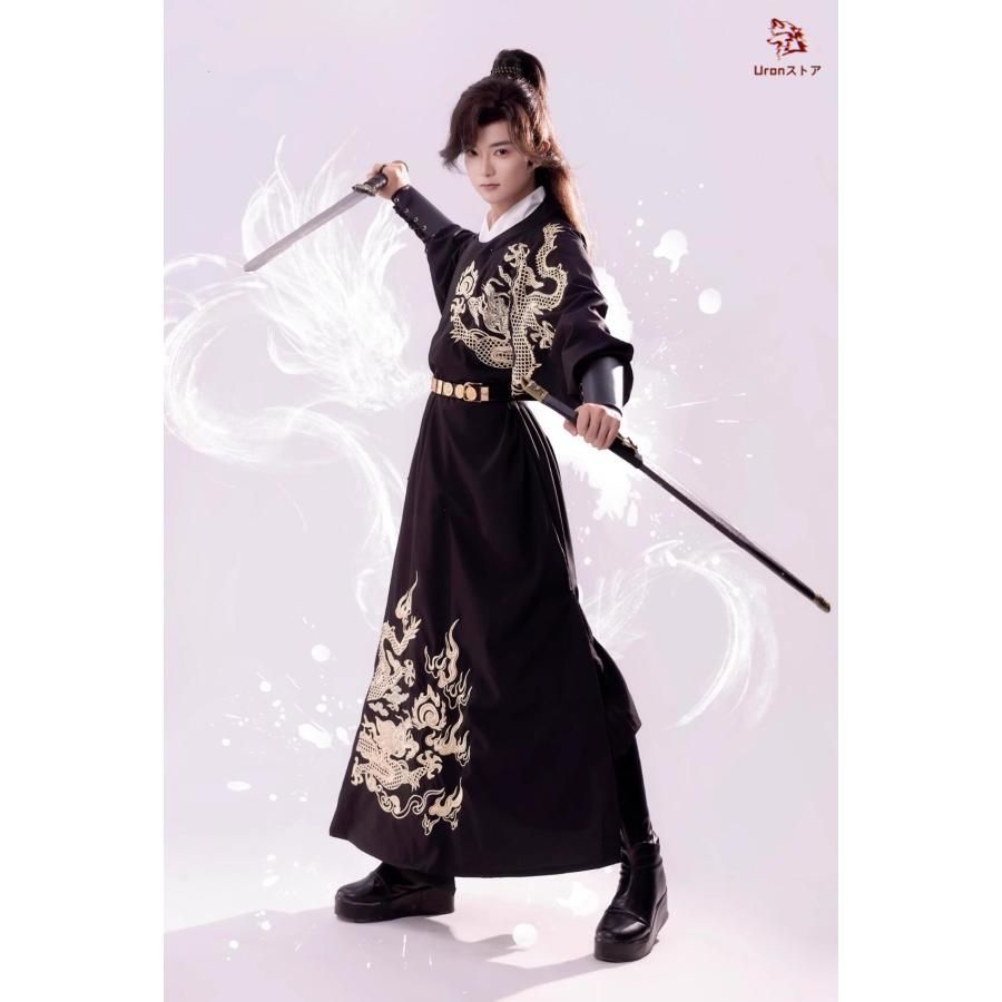 送料無料キャンペーン中！ チャイナ服 中華コスプレ衣装 龍プリント おしゃれ 一式 中華コスチューム メンズ 漢服 中華服 ロング丈 ミモレ丈 中華ブラウス 黒 華 【本物保障】