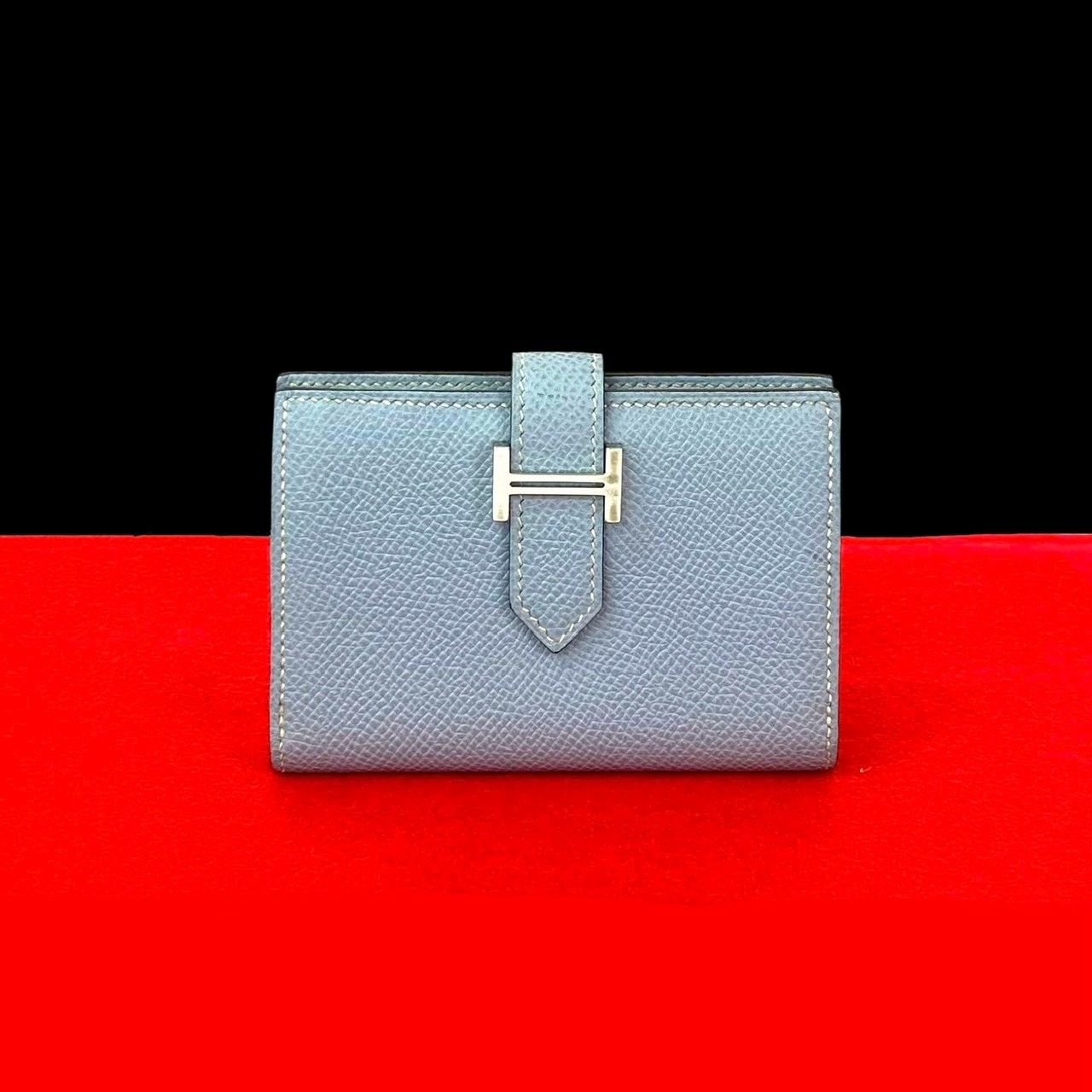 ほぼ♥ 品 □O 刻印 HERMES エルメス ベアン ミニ カードケース ヴォーエプソン レザー 本革 カードケース ライトブルー 71810