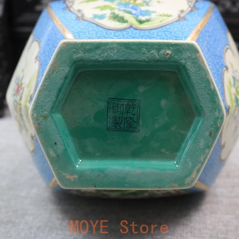 琺瑯彩蒔絵花鳥六方賞瓶 挿花器 景徳鎮 陶磁器 装飾品 現代工芸
