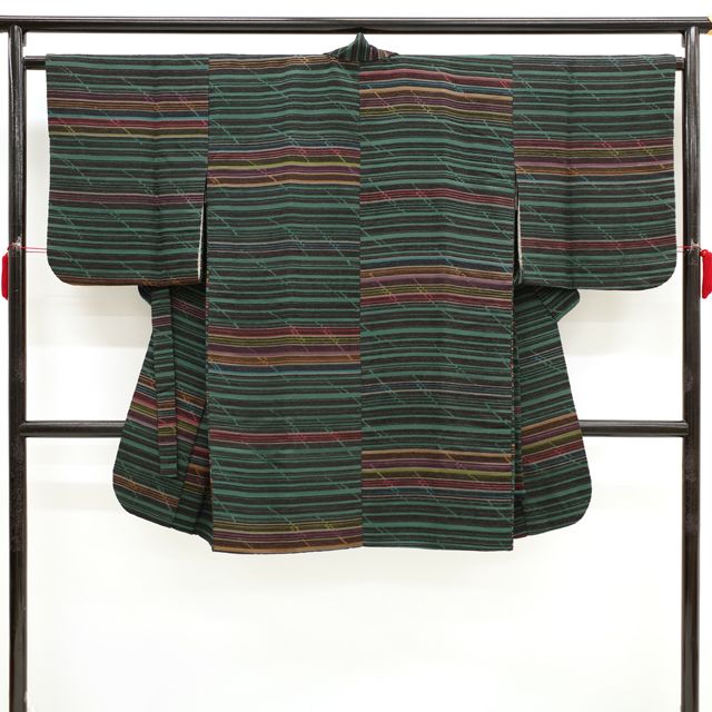 中古】 道中着 コート 袷 変わり織 正絹 絹 天鵞絨色地 多色 ボーダー