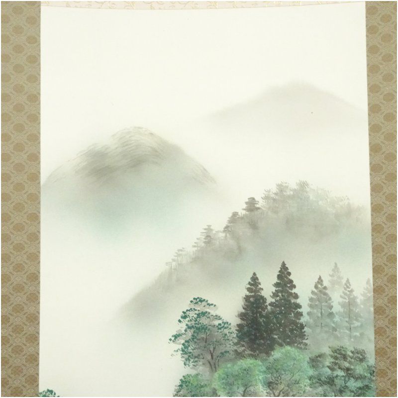 【本表装】肉筆掛け軸水墨画　山水画「山峡帆影」美術品　絵画　和室　茶室　床の間 富士山】水墨の山水画 掛け軸 掛軸 画家の手描き 中国書画 美術