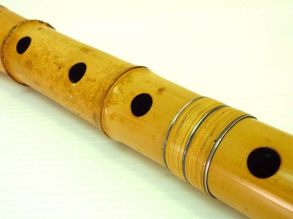 旧家蔵出 竹治銘 尺八 銀三線 藤巻 竹製 骨董 約54.5cm 歌