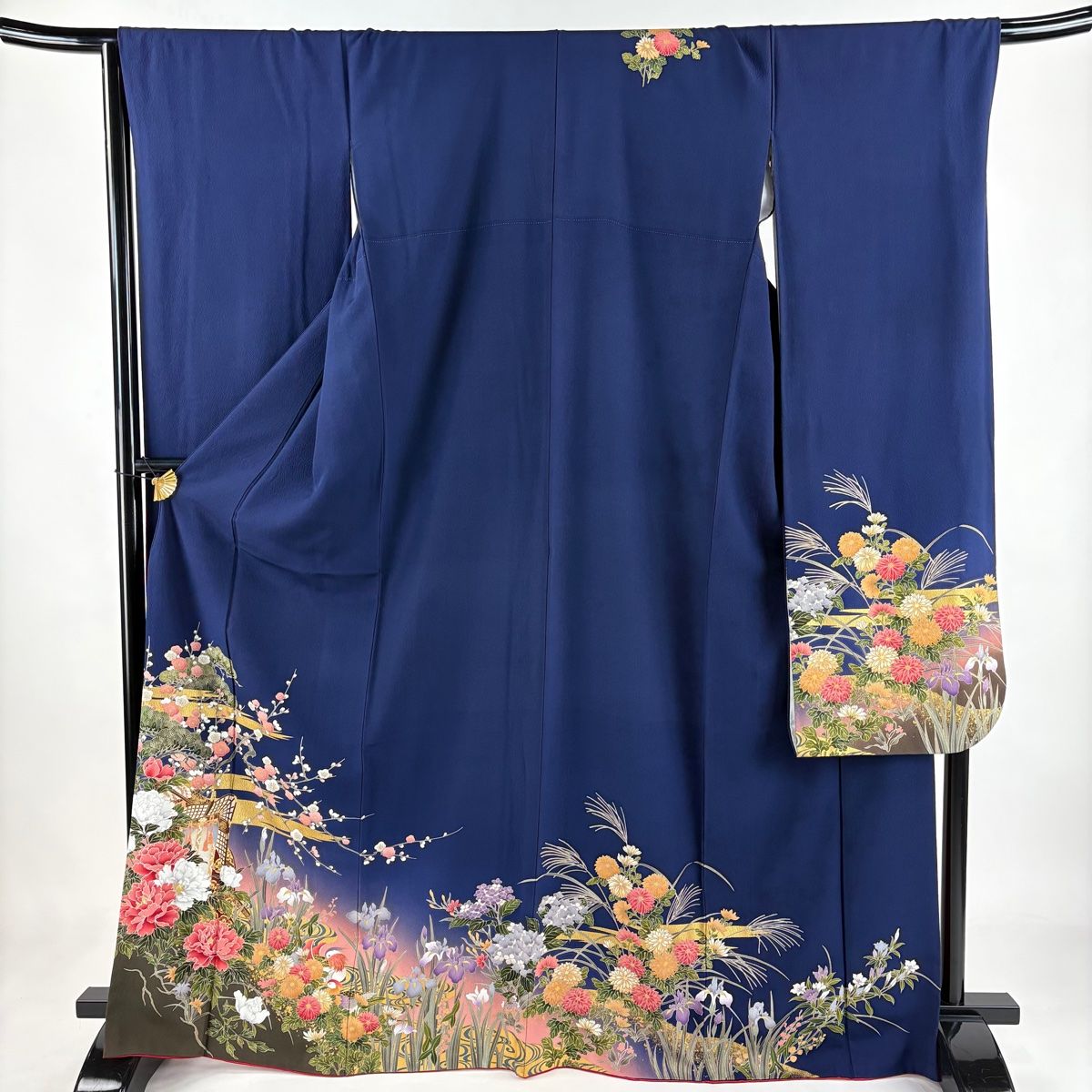 振袖 身丈167cm 裄丈67.5cm L 袷 御所車 松梅 金彩 ぼかし 紺色 正絹 秀品