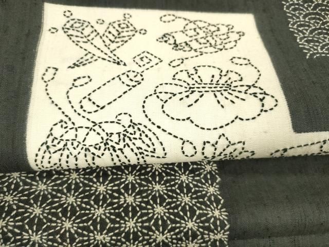 平和屋着物●上質な小紋　紬地　総刺繍　刺し子　横段草花文　黒地　正絹　逸品　CABA9919gh 平和屋着物○上質な小紋 紬地 総刺繍 刺し子 横段草花文