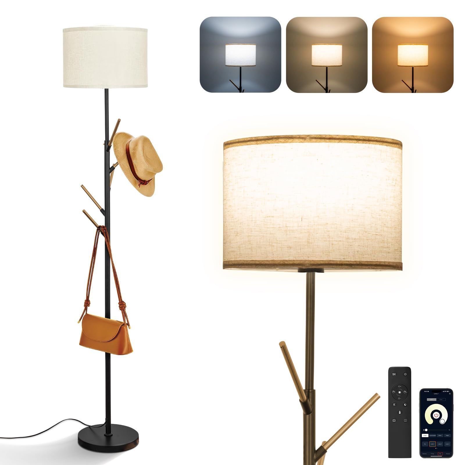12W 3色温度 タイマー機能 シンプル 無段階調光 モダンデザイン リモコン アプリ制御 間接照明 服やバッグ掛け おしゃれ 北欧風 フロアランプ リビング 寝室 玄関 オフィス用 フロアライト スタンドランプ