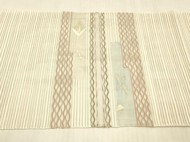 夏物 絽の綴れ織り八寸名古屋帯（抽象文）長３８１　正絹美品 平和屋着物＊夏物 絽綴れ 八寸名古屋帯 草花文 金糸 正絹 逸品