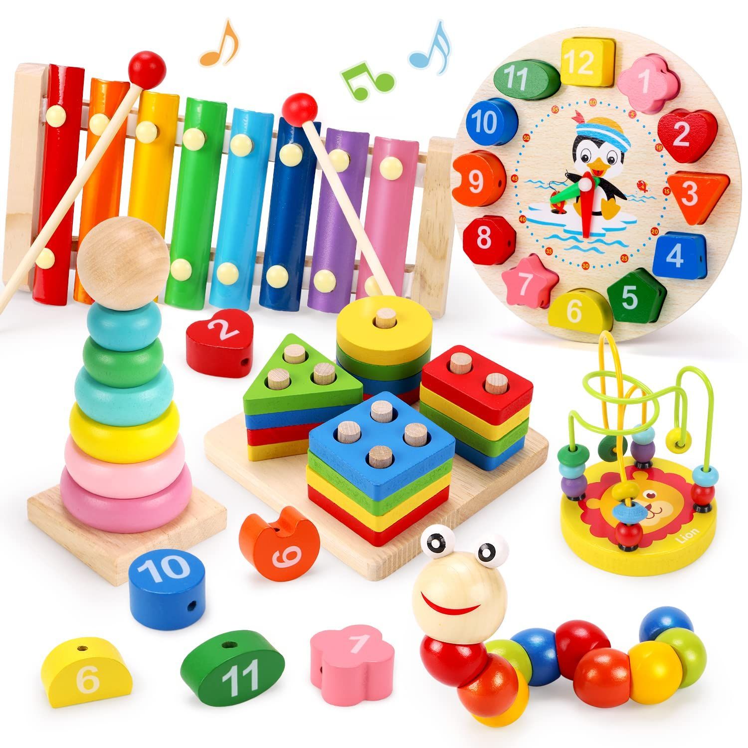 【在庫処分】ひもとおし ツイストワーム 木製時計 ビーディング 音楽鉄琴 スタッキングおもちゃ 形合わせおもちゃ 色の認識 木製学習玩具 形の認知 6PCS 学習玩具 おもちゃ 指先訓練 おもち