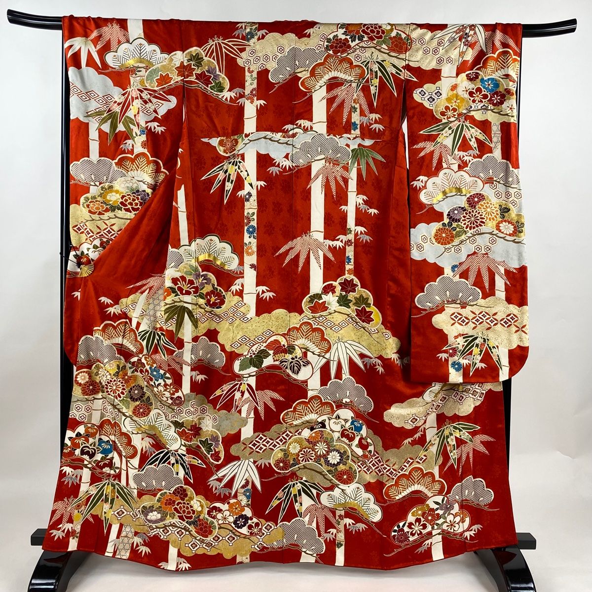 振袖 身丈159.5cm 裄丈69cm L 袷 松竹梅 草花 金糸 金彩 朱色 正絹 秀品