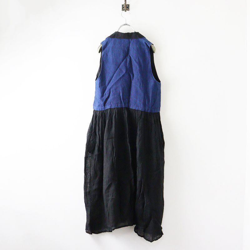 タブリク Tabrik インディゴ染めリネンベストドッキング切替ノースリーブワンピース ブルー ギャザー ドレス フ