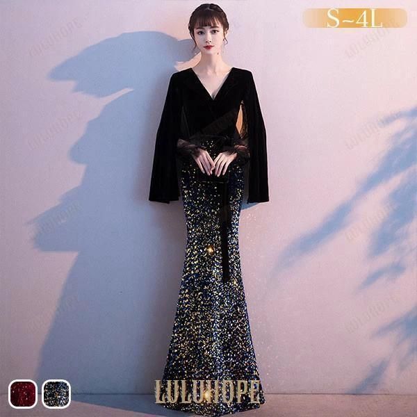 【送料無料】ドレス 大人 ピアノ 発表会 ロングドレス マーメイドライン 演奏会 結婚式 母親 ピアノ発表会 黒 袖付き キラキラ ワンピース 【今季トレンド】ZZ520