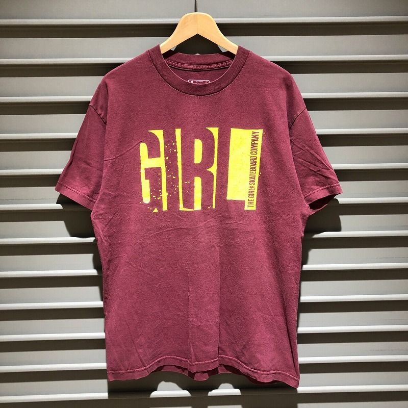 GIRL SKATEBOARD ガール スケートボード ロゴ プリント Tシャツ 半袖 サイズ：メンズ L エンジ Made in U.S.A【PI】