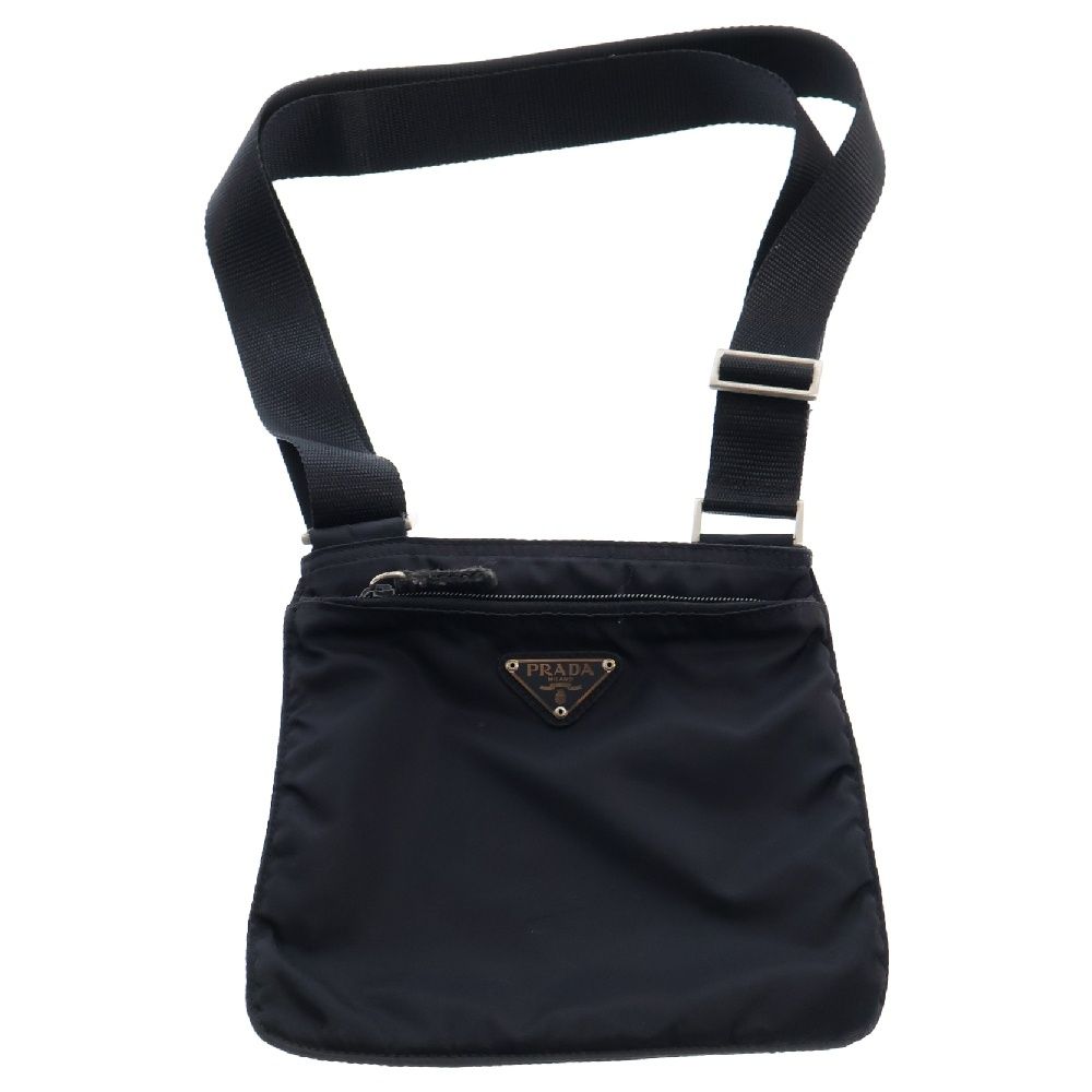 PRADA プラダ トライアングルロゴ ショルダーバッグ ブラック ☆PRADA☆プラダ トライアングルロゴ レザーショルダーバッグ
