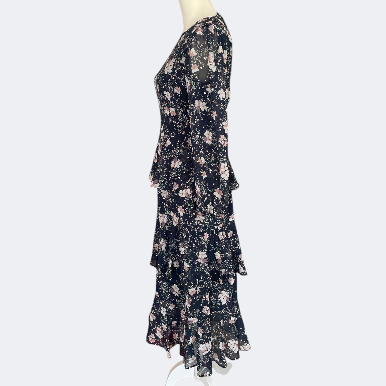 上品ネイビー小花柄 ティアードフ