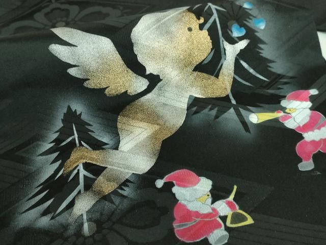 平和屋着物□極上 九寸名古屋帯 サンタクロース クリスマス 天使 黒地  