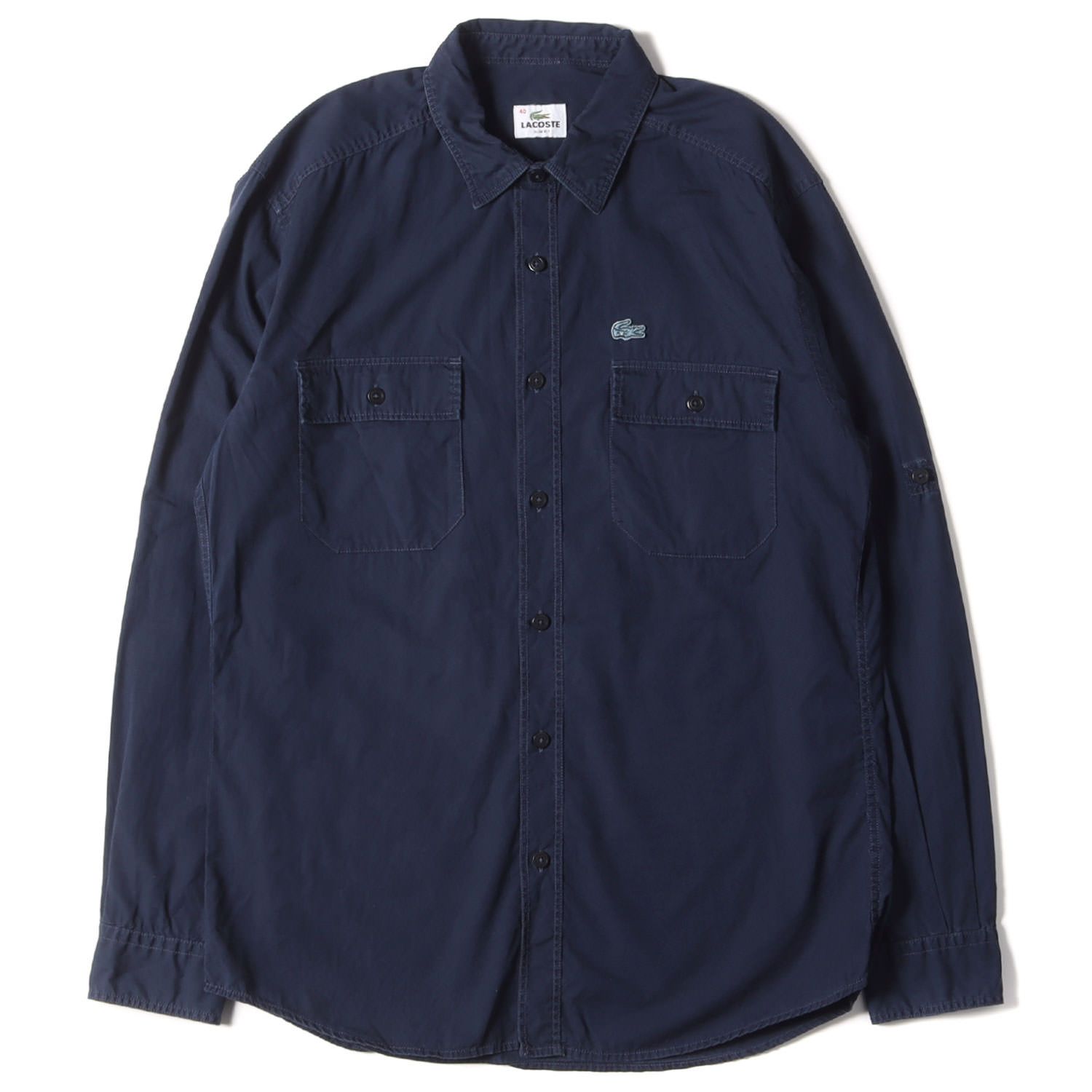 LACOSTE ラコステ シャツ サイズ:40 ワニ ワッペン ロールアップ コットン 長袖 ワンポイント ネイビー 紺 トップス カジュアルシャツ シンプル ワンポイントブランド