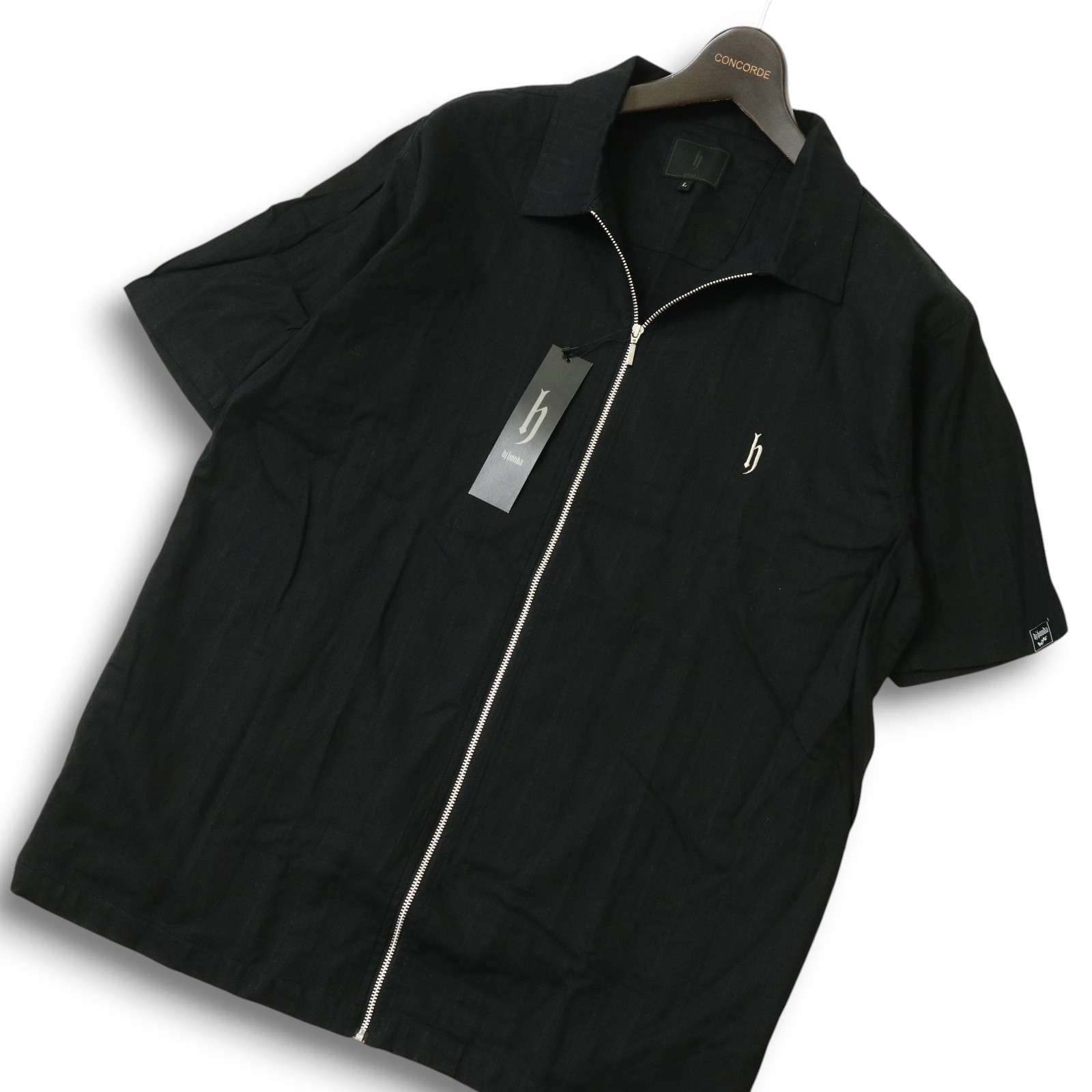 【新品 未使用】 dj honda ディージェイホンダ 麻 リネン 半袖 ジップアップ シャツ ブルゾン ジャケット Sz.L メンズ 黒