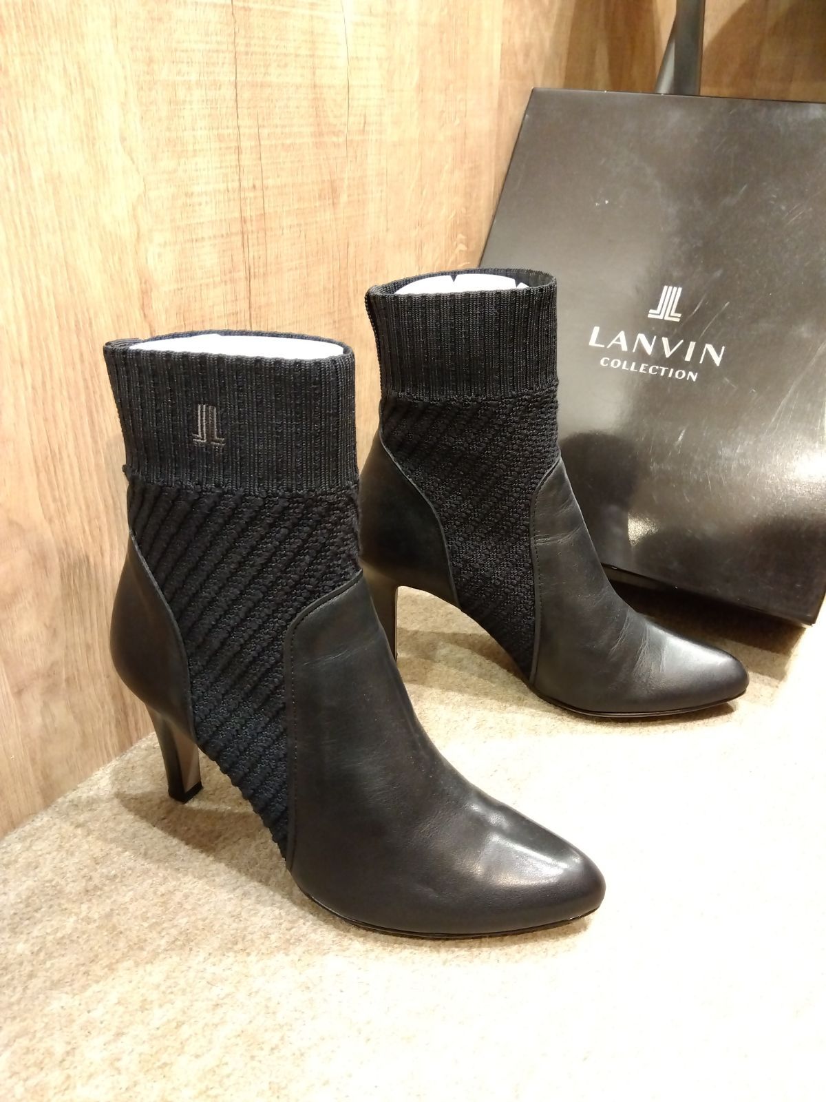 M08 ランバン 23.5㎝ LANVIN Mサイズ ショートブーツ レザーブーツ ニットブーツ 美ライン 本革 レザー ハイヒール 黒 ブラック