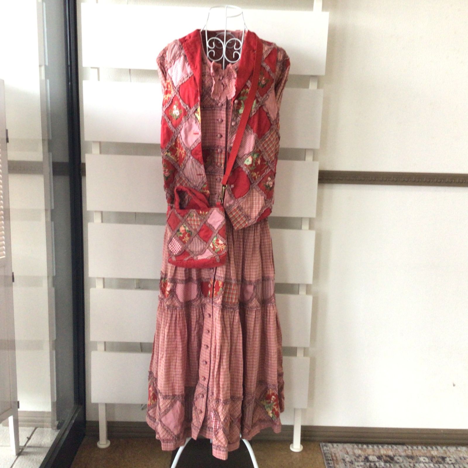 9479 PINK HOUSE ピンクハウス 花柄 パッチワーク 半袖ワンピース ベスト ミニショルダー トートバッグ 3点セット 1997年製