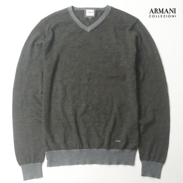 極美品 ARMANI COLLEZIONI アルマーニ・コレツィオーニ モヘアウール Vネック ニットセーター 茶 ヘリンボーン  48