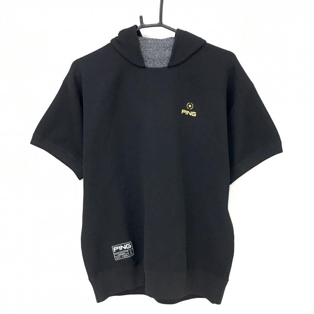 【超美品】ピン フード付き半袖トレーナー 黒×ゴールド ハイネック ネックラメ  レディース LL ゴルフウェア 2023年モデル PING
