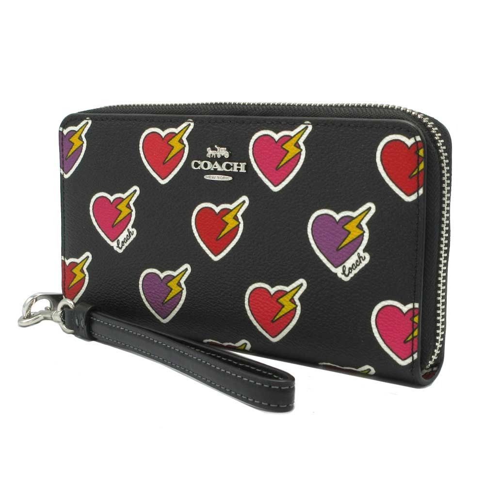 コーチ 財布 長財布 COACH LONG ZIP AROUND ハートボルト プリント ウォレット ストラップ付き CW476 SVA47 ブラック×マルチカラー アウトレット レディース 送料無料