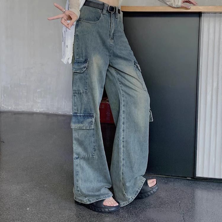 デニムパンツ 長ズボン レディース カーゴパンツ ストレート ジーンズ ボトムス メンズライク おしゃれ ワイドパンツ ウォッシュド フラップポケット シンプル 無地 動きやすい 女性用  作業着風 #shark561986