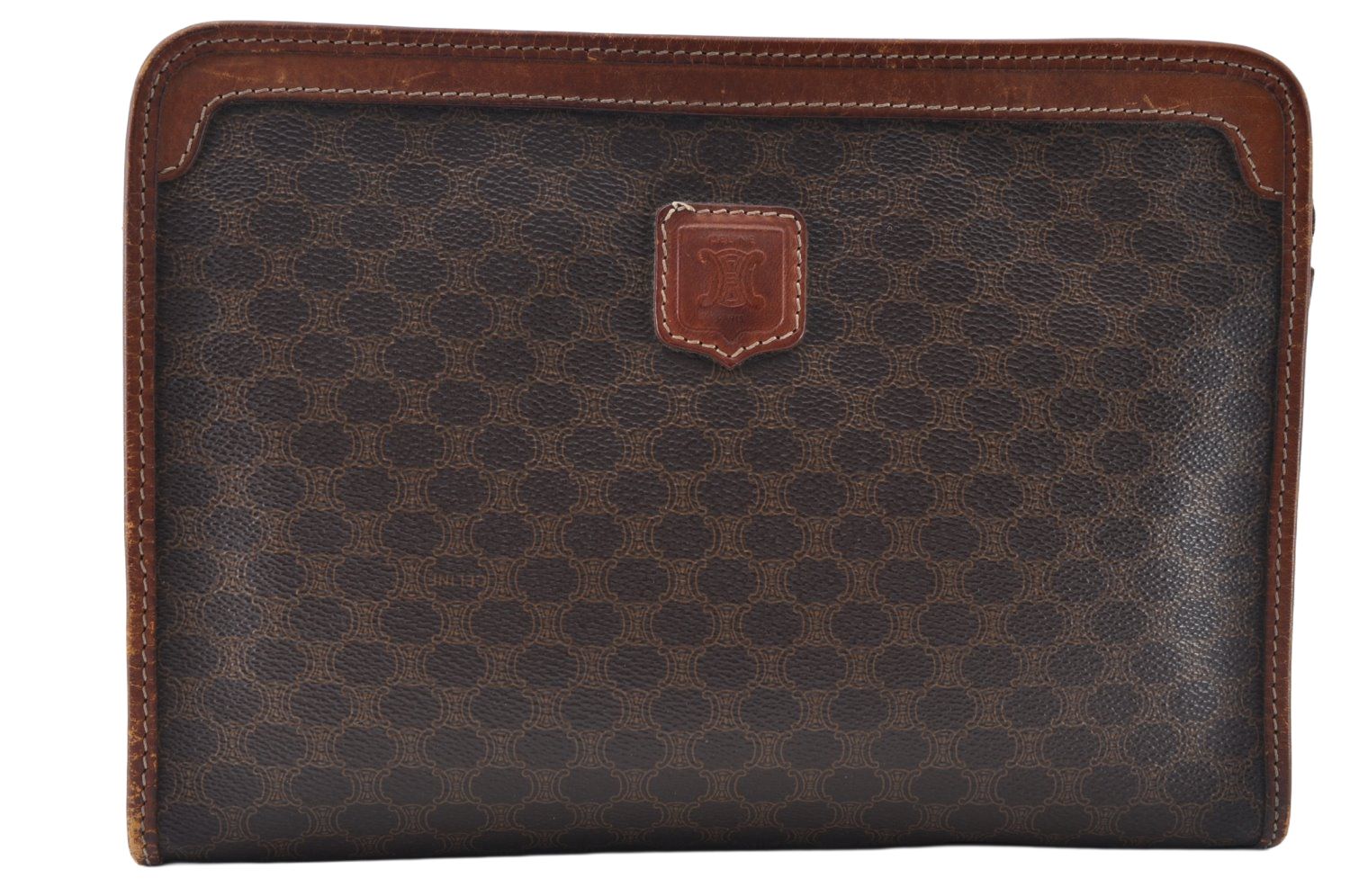 CELINE セリーヌ マカダム ブラゾン 模様 クラッチハンドバッグ ピーブイシー レザー ブラウン 6055M