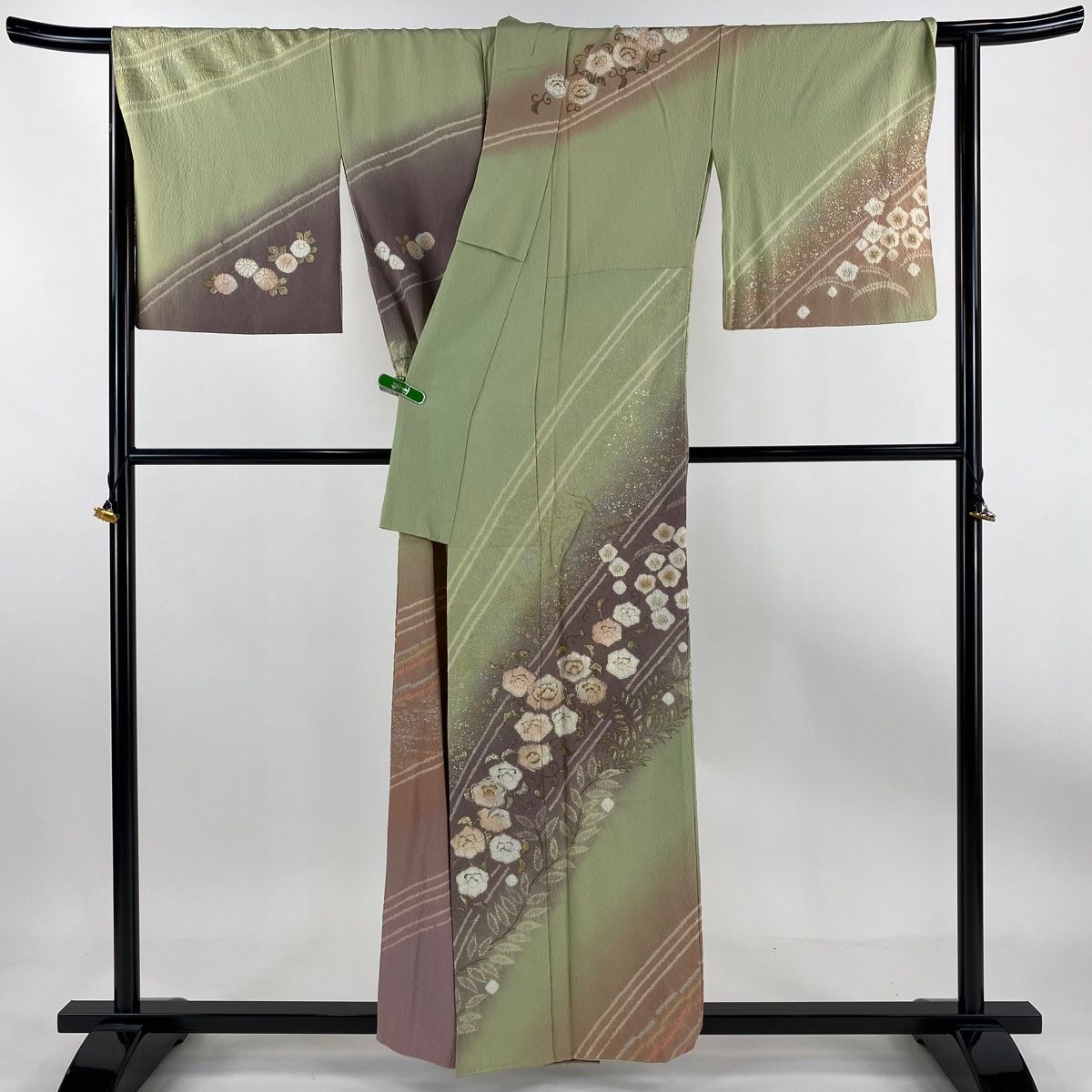 訪問着 身丈157cm 裄丈65.5cm M 袷 滝泰 落款 花唐草 斜縞 金銀