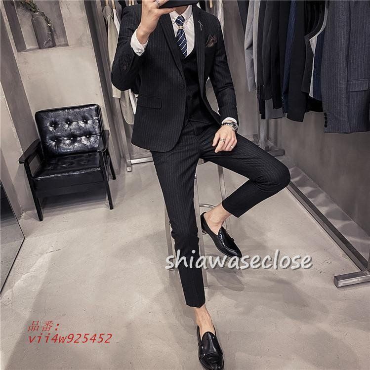 スーツメズおしゃれビジネススーツストライプカジュアルスーツ3ピーススーツフォーマルスーツスーツセットアップ洗える細身紳士服通勤結婚式